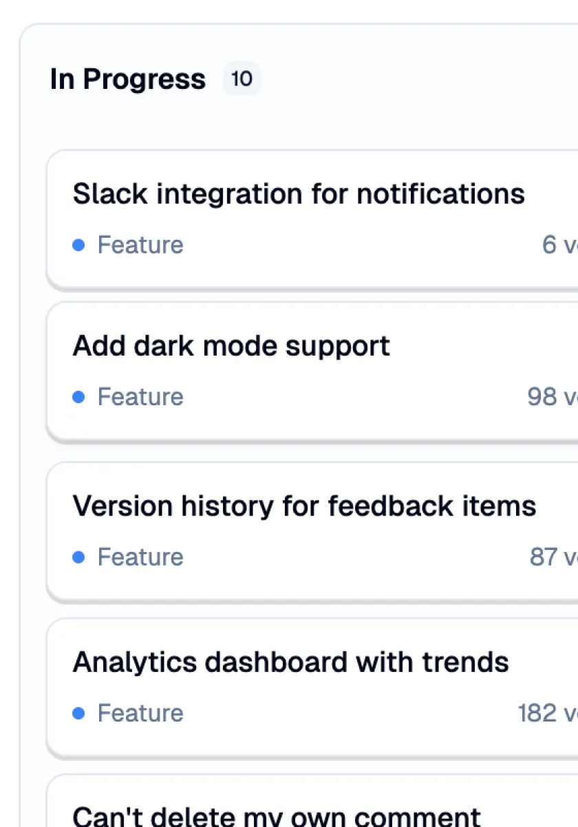 Roadmap In Progress column with feature cards